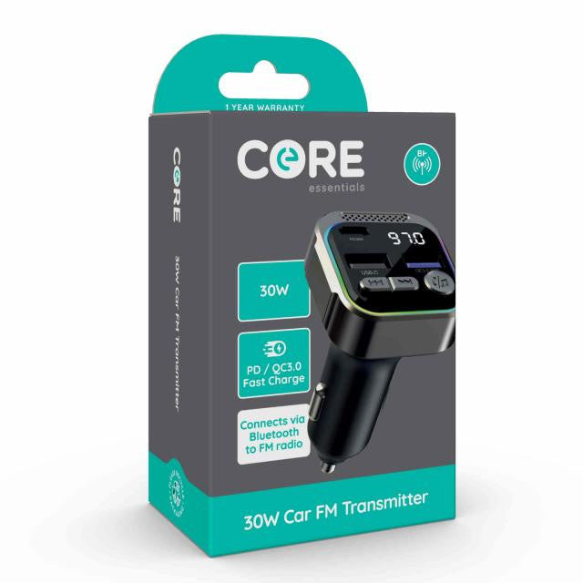 Core Type-C/A 30W Car FM Transmitter with Bluetooth and USB Charger ...