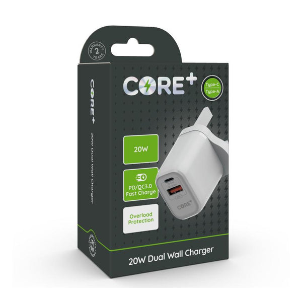 CORE+ PD 20W QC3.0 USB Type-C/A Dual Wall Charger, Overcharge Protecti ...