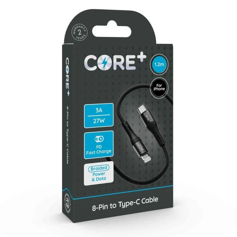 CORE+ USB Type-C to 8-Pin Apple Cable, Braided, Fast Charge PD 3A (1.2 ...