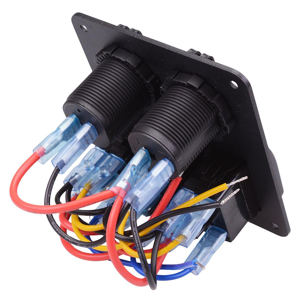 12V Automotive 3 Blue Rocker Switch + Power Socket + Dual USB Panel