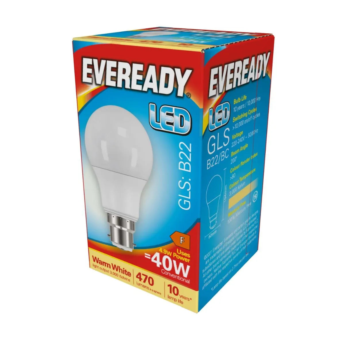 Eveready B22 Bayonet 40W Equivalent 470 Lumens Warm White LED Bulb 