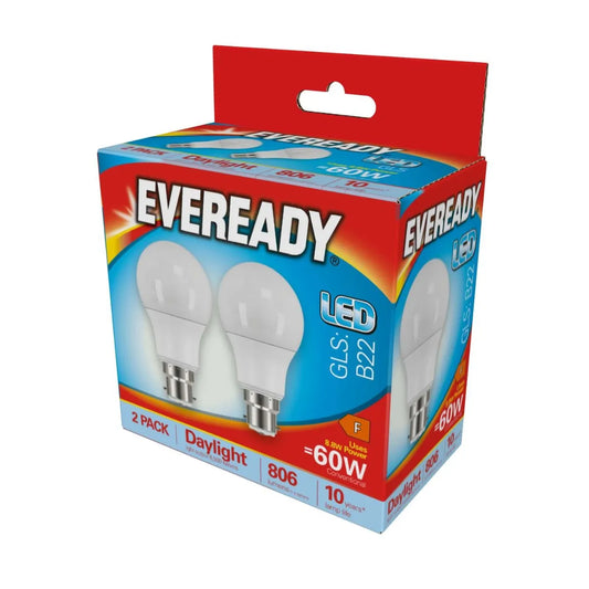 Eveready 6,500K BC B22 Bayonet Daylight LED Bulb 2 Pack 806 Lumens 60W Equivalent