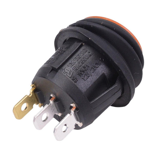 Amber Waterproof 230V illuminated 20mm Round Rocker Switch SPST 10A R13-112B8W-02