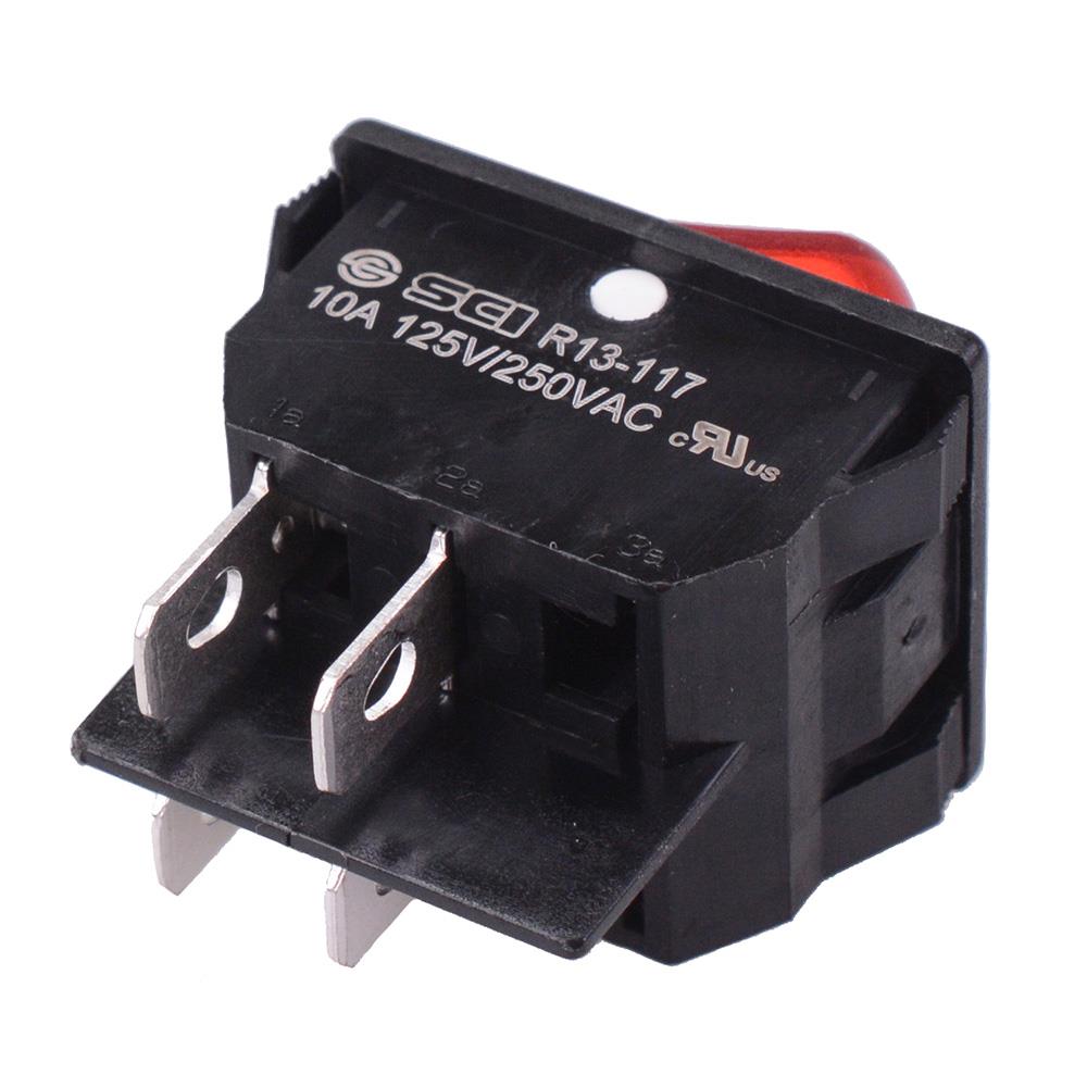 Red 230V illuminated On-Off Rectangle Rocker Switch DPST 10A R13-117B-01