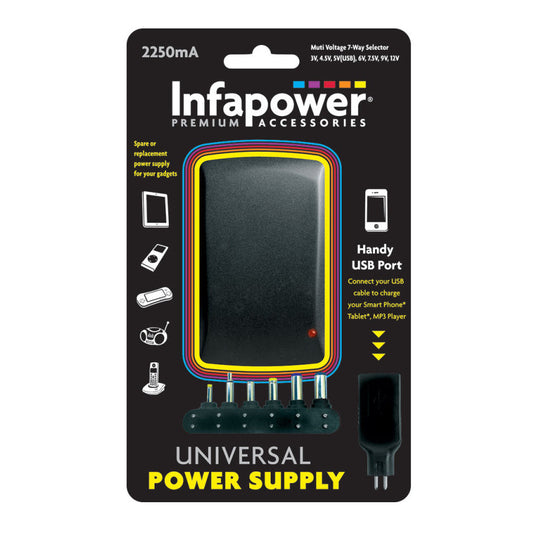 Infapower P004, 2250ma, 2.25A Universal Multi-Voltage Power Supply, PSU, AC-DC, 3v, 4.5v, 5v USB, 6v, 7.5v, 9v, 12v
