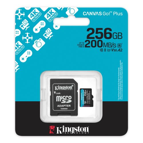 Kingston 256GB Canvas Go! Plus Micro SDXC Card, SD Adapter, UHS-I Class 10, U3, 200MB/s