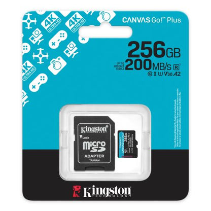 Kingston 256GB Canvas Go! Plus Micro SDXC Card, SD Adapter, UHS-I Class 10, U3, 200MB/s