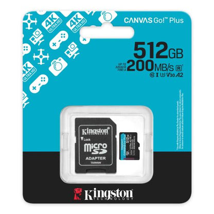 Kingston 512GB Canvas Go! Plus Micro SDXC Card, SD Adapter, UHS-I Class 10, U3, 200MB/s